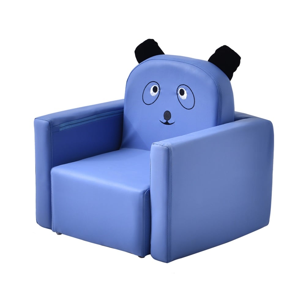 Blue Leather Upholstered Kids Chair with Cute Cartoon Backrest window image