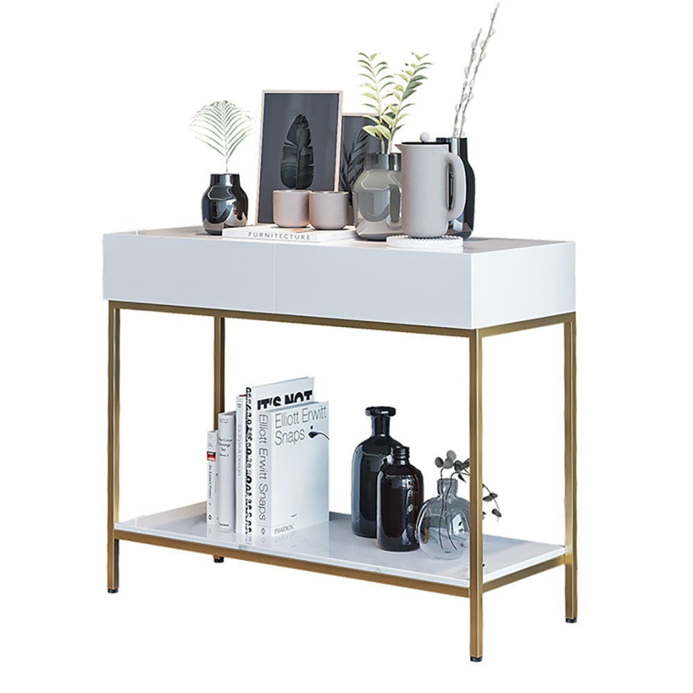 White Console Table with Drawers & Shelf Metal Frame window image