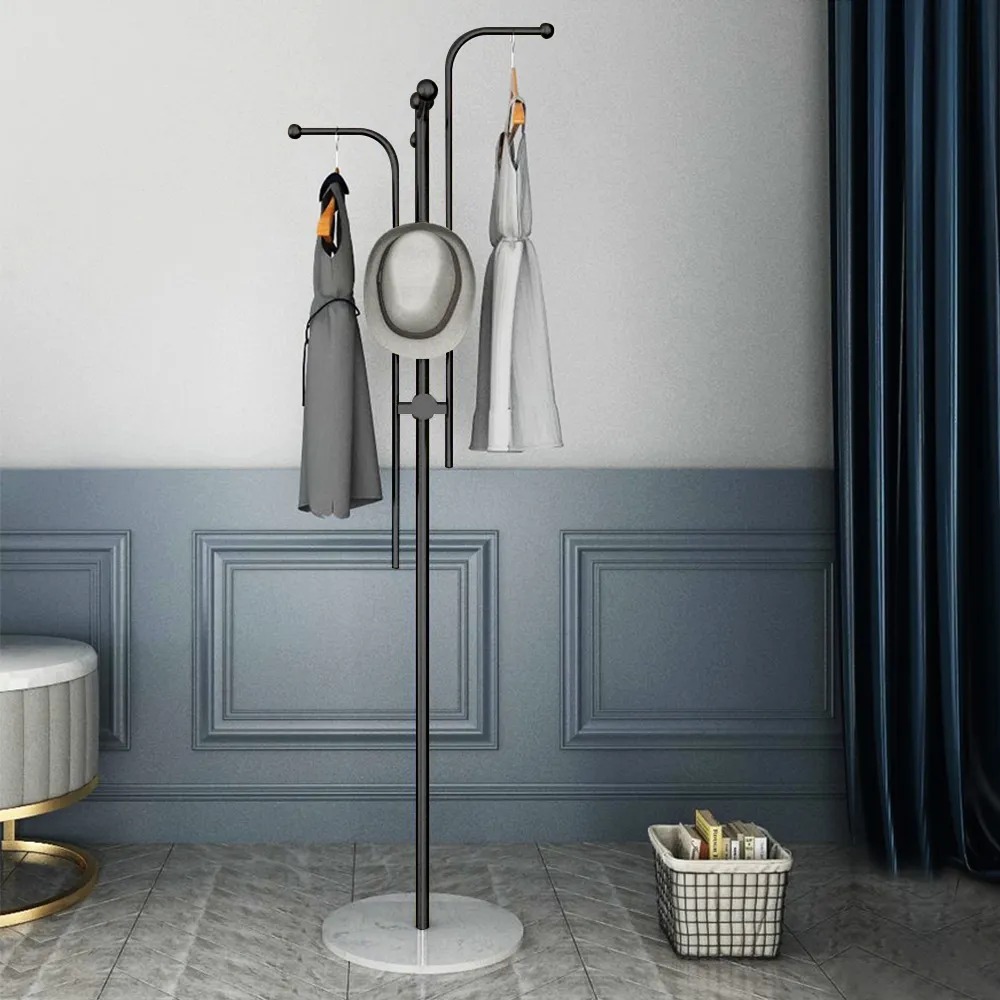 66.9"H Geometric Standing Coat Rack with Faux Marble Base Clothing Rack Nordic Metal Hall Tree Artistic Black window image
