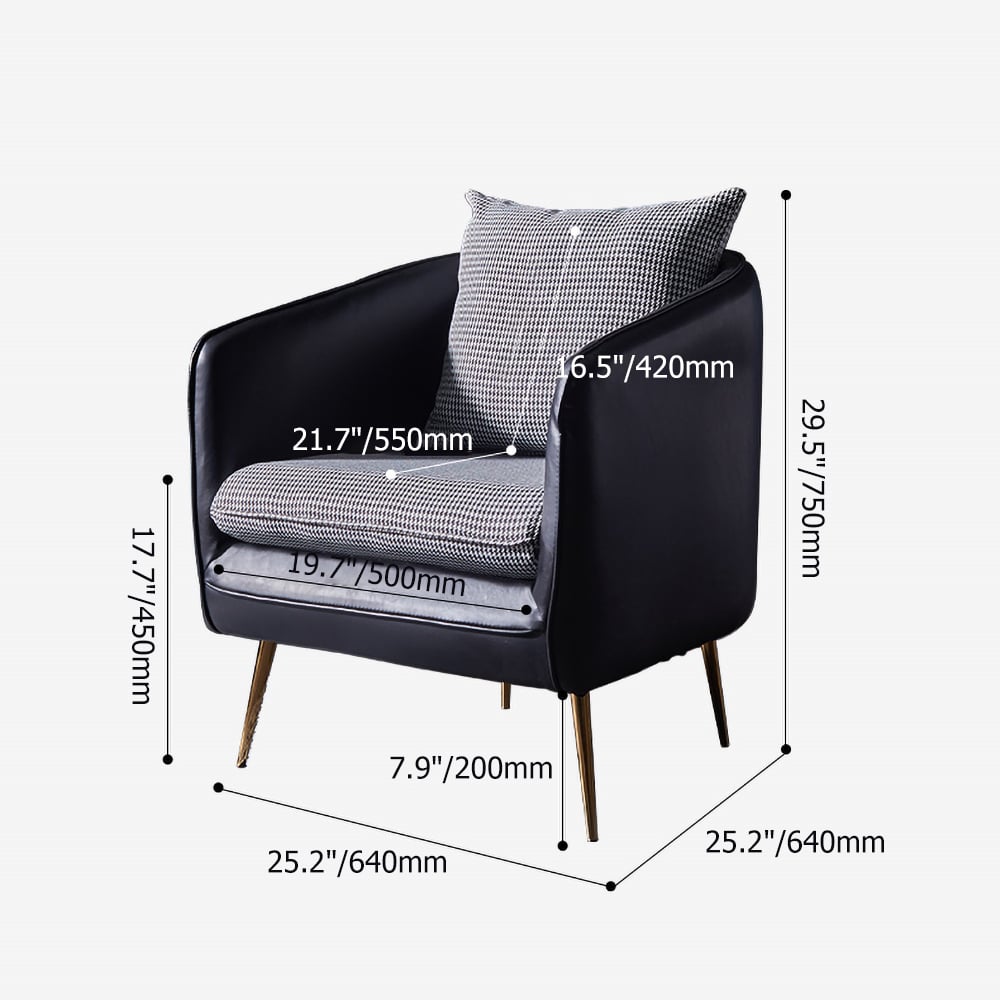 Brown Barrel Accent Chair Upholstered PU Leather&Linen Houndstooth Chair Pillow Included window image