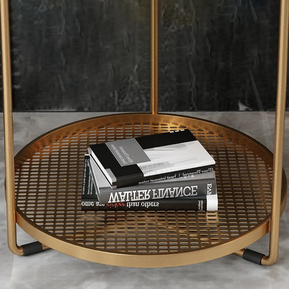 2-Tiered White Modern Round End Table with Shelf Metal Base window image