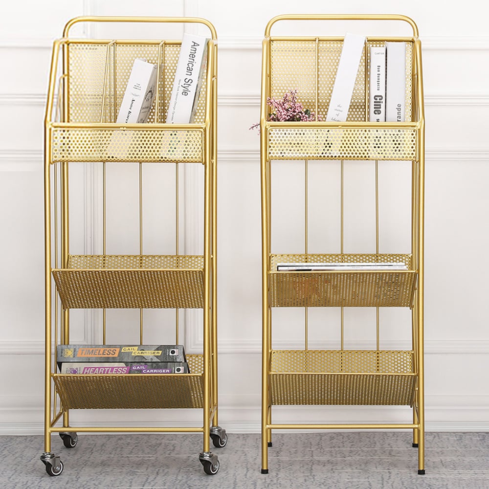 Étagère à livres rectangulaire moderne à 3 niveaux avec bibliothèque à roulettes en or 990 mm image de fenêtre