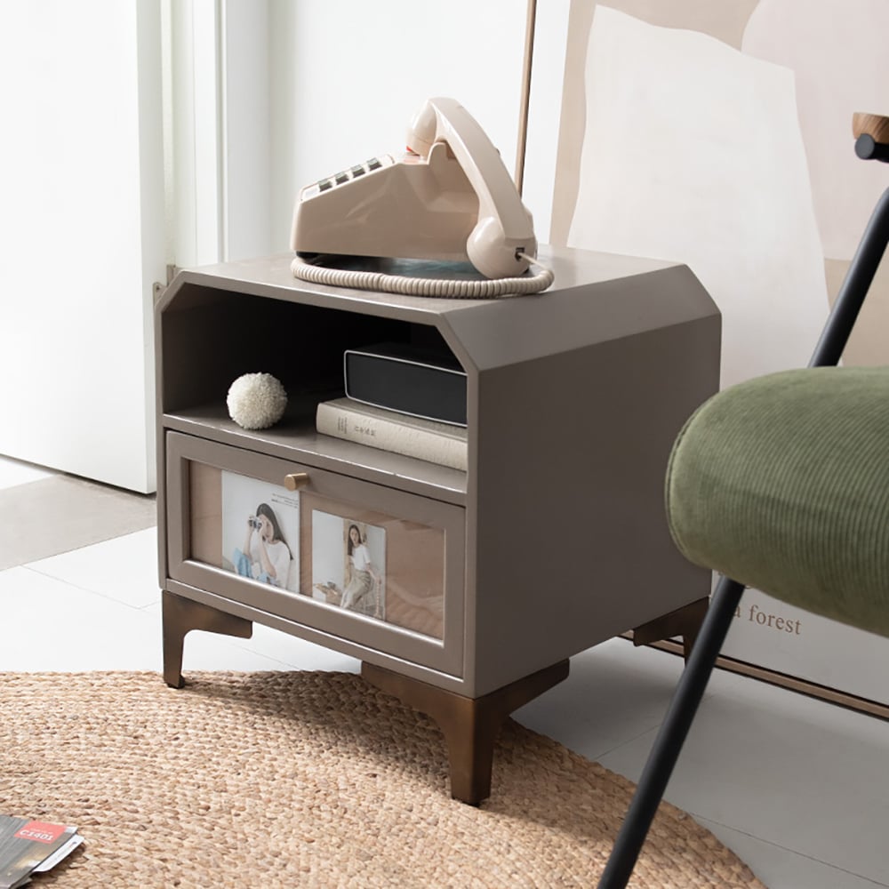 Grey Farmhouse Wood End Table with Storage Vintage Side Table in MDF & Rattan window image
