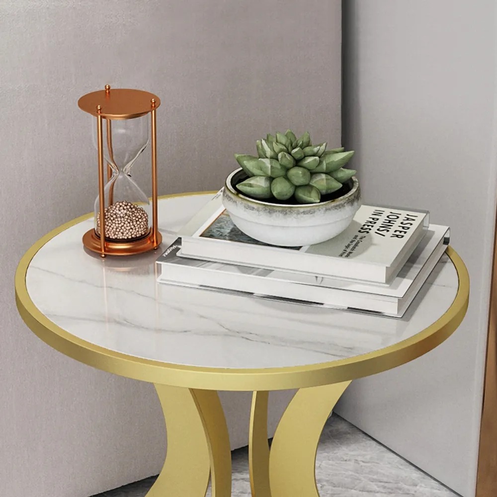 Modern White Round End Table with Marble Top Metal Base window image