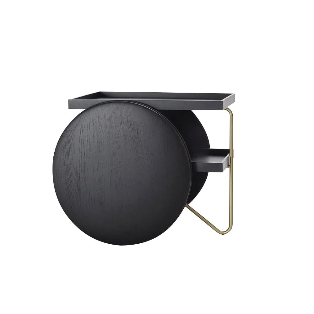 Table d'appoint rectangulaire noire en bois de pin avec extrémité de rangement en métal doré image de fenêtre