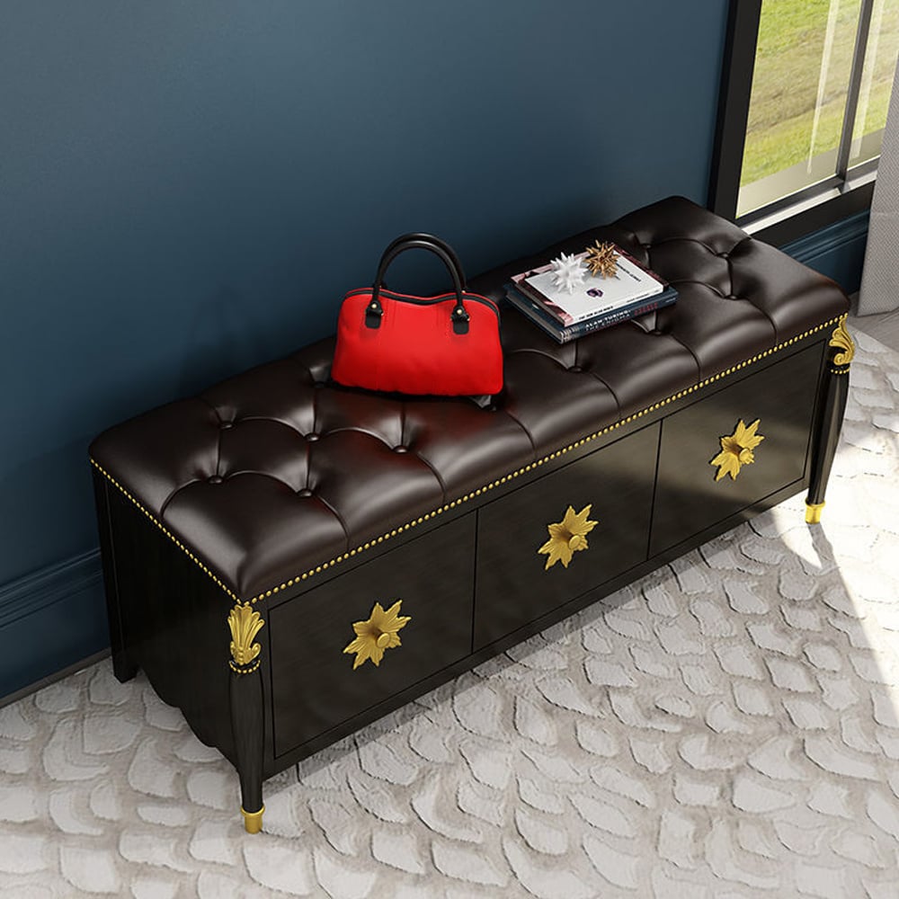 39.4'' Retro Storage Bench Shoe Rack with Leather Upholstered Seat window image