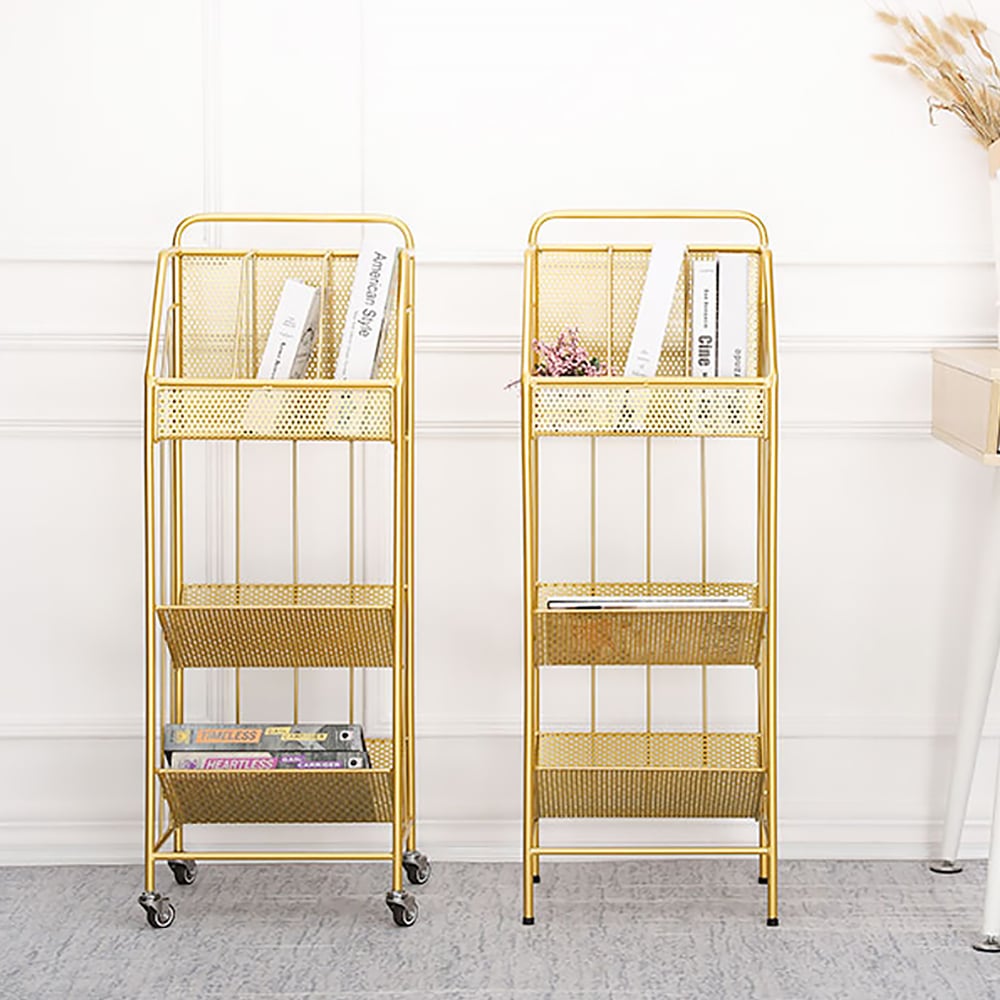 Étagère à livres rectangulaire moderne à 3 niveaux avec bibliothèque à roulettes en or 990 mm image de fenêtre