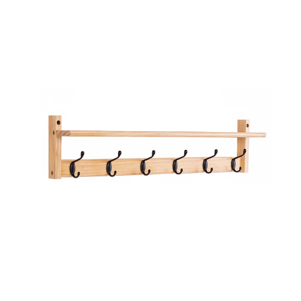 30" Natural Wall Mounted Hanging Storage Shelf with 6 Metal Hooks window image
