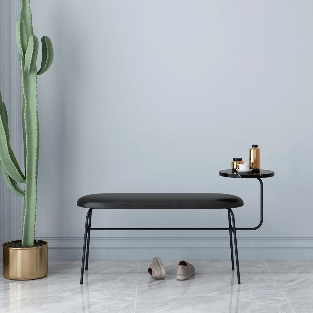 Modern Oval Shape Bench with Side Table Black PU Leather Upholstery window image