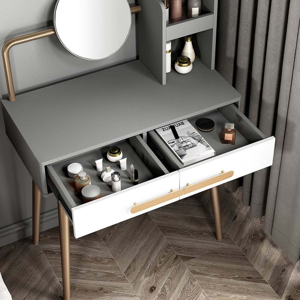 Table de maquillage gris nordique avec miroir à 2 tiroirs et tabouret inclus en or image de fenêtre
