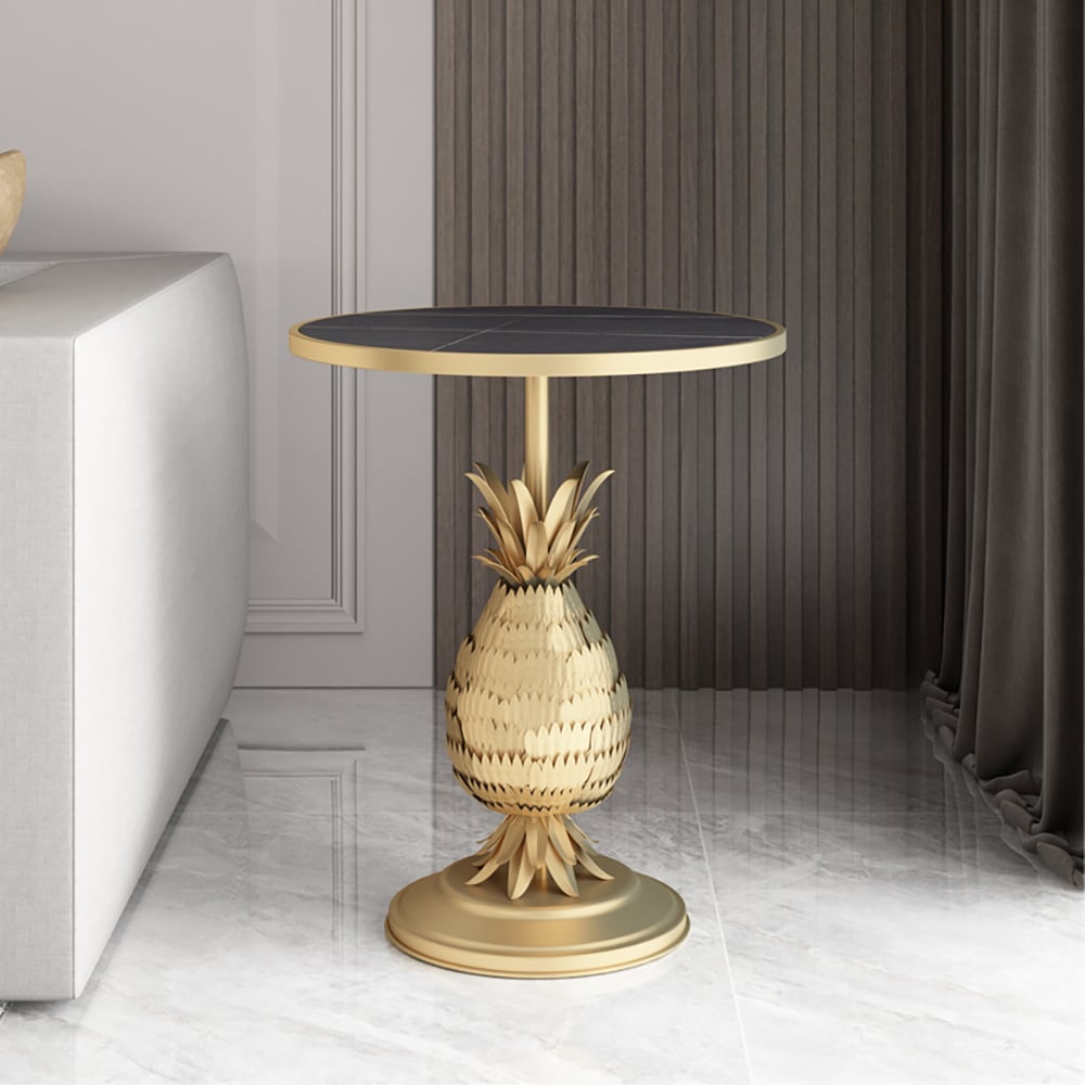 Table d'extrémité noire en pierre et base en métal Table d'appoint ronde  image de fenêtre