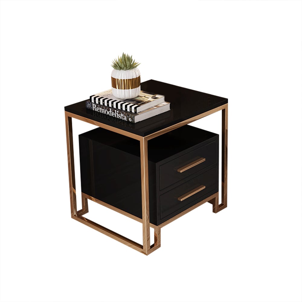 Black Side Table with Two-Drawer End Table Stainless Steel in Gold window image