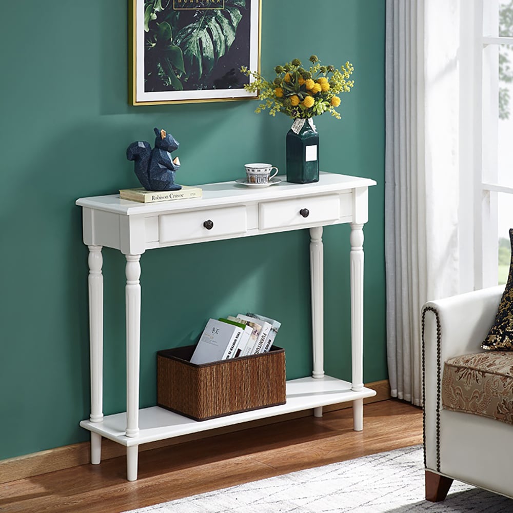 White Rubber Wood Narrow Console Table with Shelf & Drawers window image
