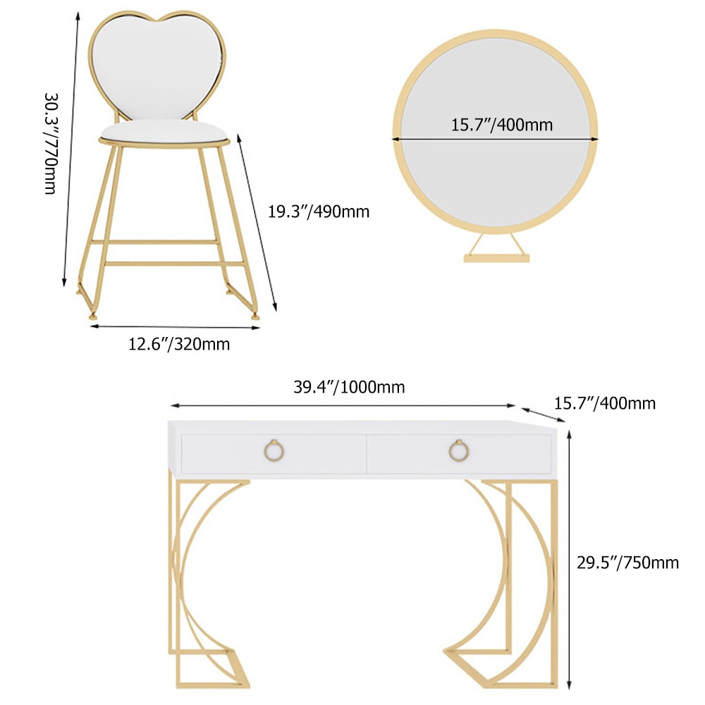 Moderne witte make-upkaptafel met 2 lades met spiegel en kunstleren kruk Vensterafbeelding