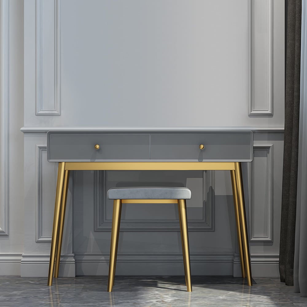 Grey Makeup Vanity Set with Storage 2 Drawer & Stool Mid-Century Modern window image