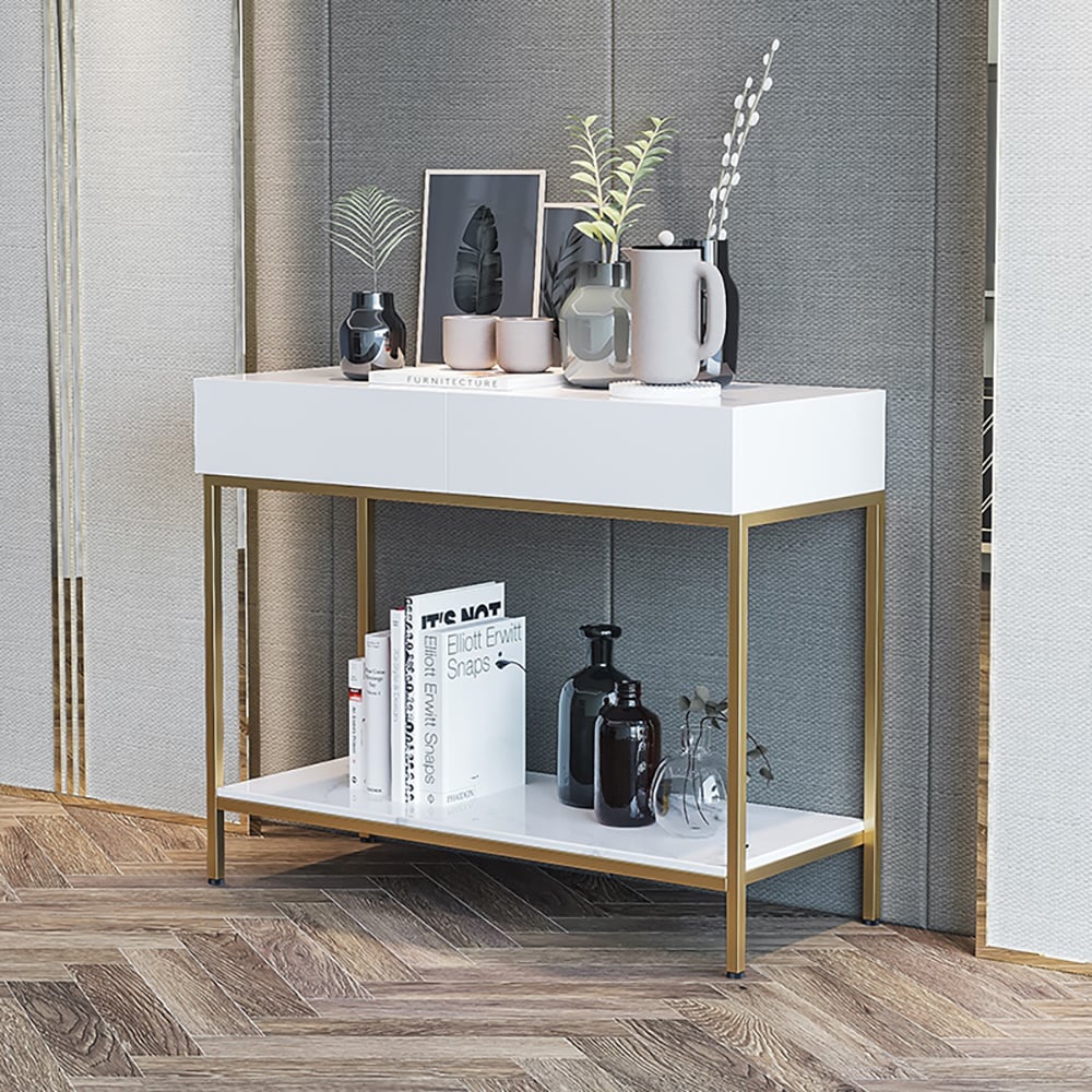 White Console Table with Drawers & Shelf Metal Frame window image