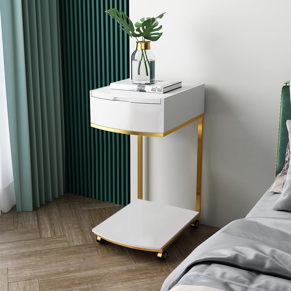 White Modern Makeup Vanity Table C-Shaped with Flip Top Mirror&Caster window image