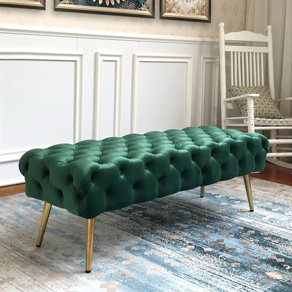 Green Modern Velvet Bench Tufted Upholstered Ottoman Pouf Stool in Gold Legs window image