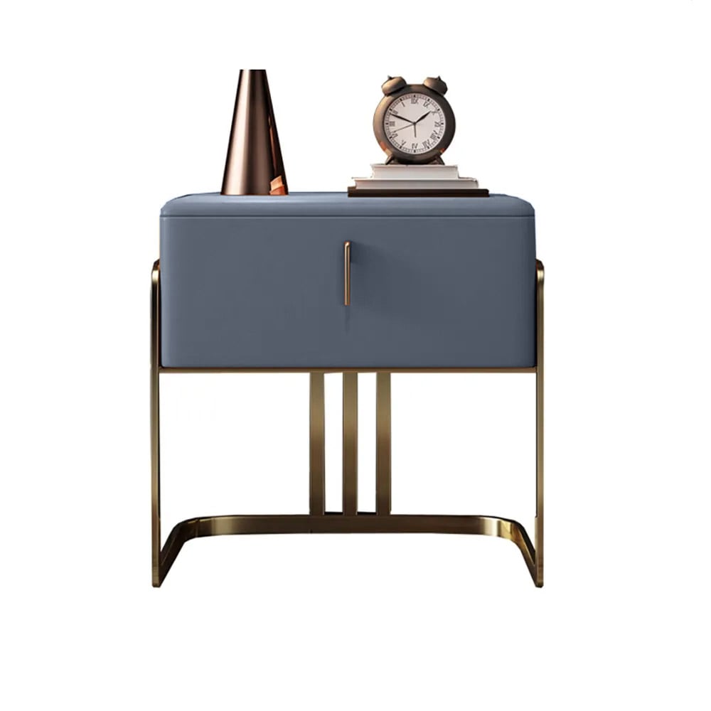 Italian Minimalist Blue Nightstand Upholstered Leather Surface with 1 Drawer in Gold window image
