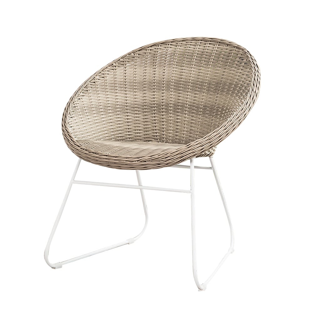 Kaki geweven rotan mand stoel buiten eetkamerstoel Vensterafbeelding