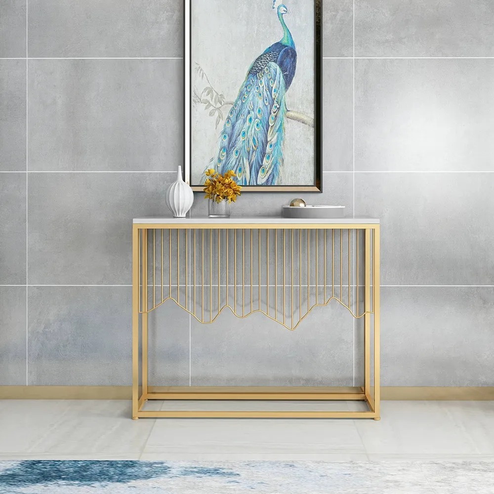 White Rectangular Console Table with Wooden Top Entryway Table window image