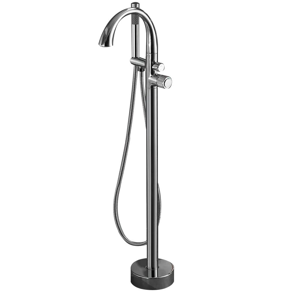 LED Freestanding Bath Tap with Handheld Shower High-Arc Filler Spout Solid Brass window image