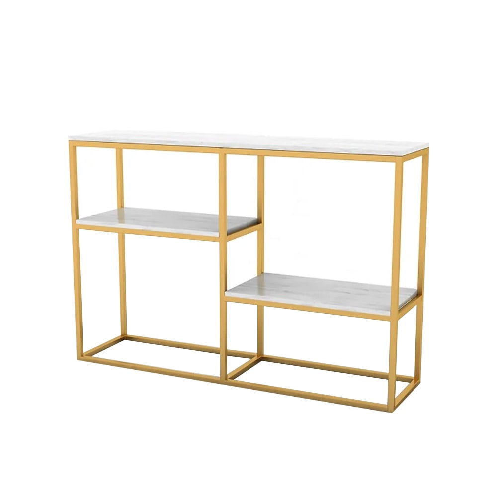 White Narrow Console Table with Shelves Marble Top & Metal Frame window image