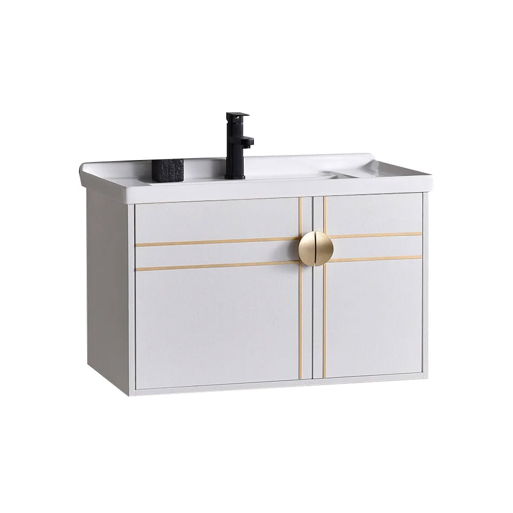 White Floating Bathroom Vanity Wall Mounted 31" Ceramic Single Sink with 2-Door window image
