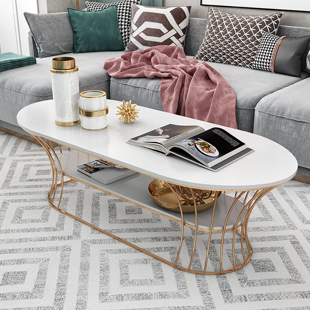 Modern Marble Coffee Table with Shelf Metal Frame White window image