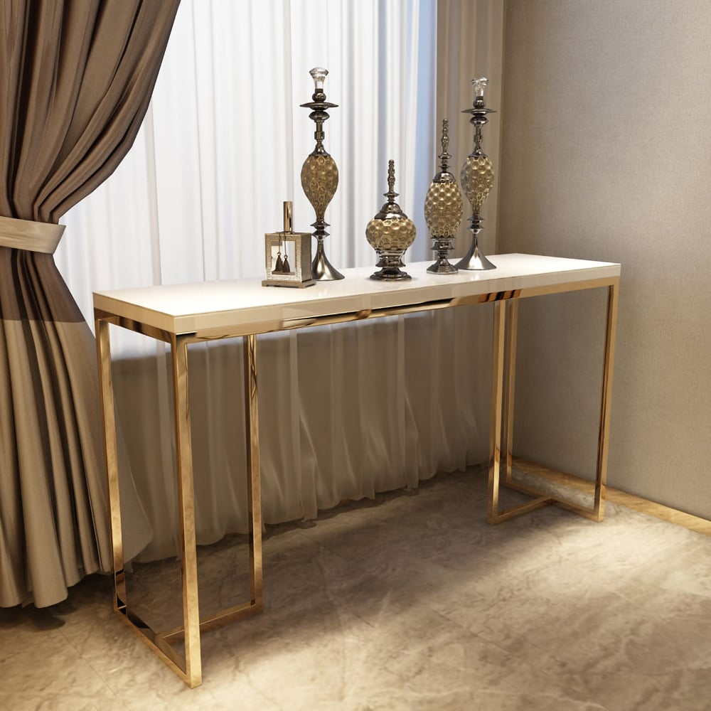 White Console Table with Wooden Top Stainless Steel Base window image