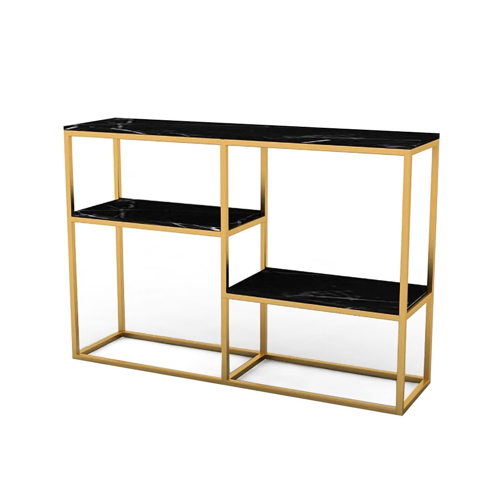 Black Narrow Console Table with Shelves Marble Top & Metal Frame window image
