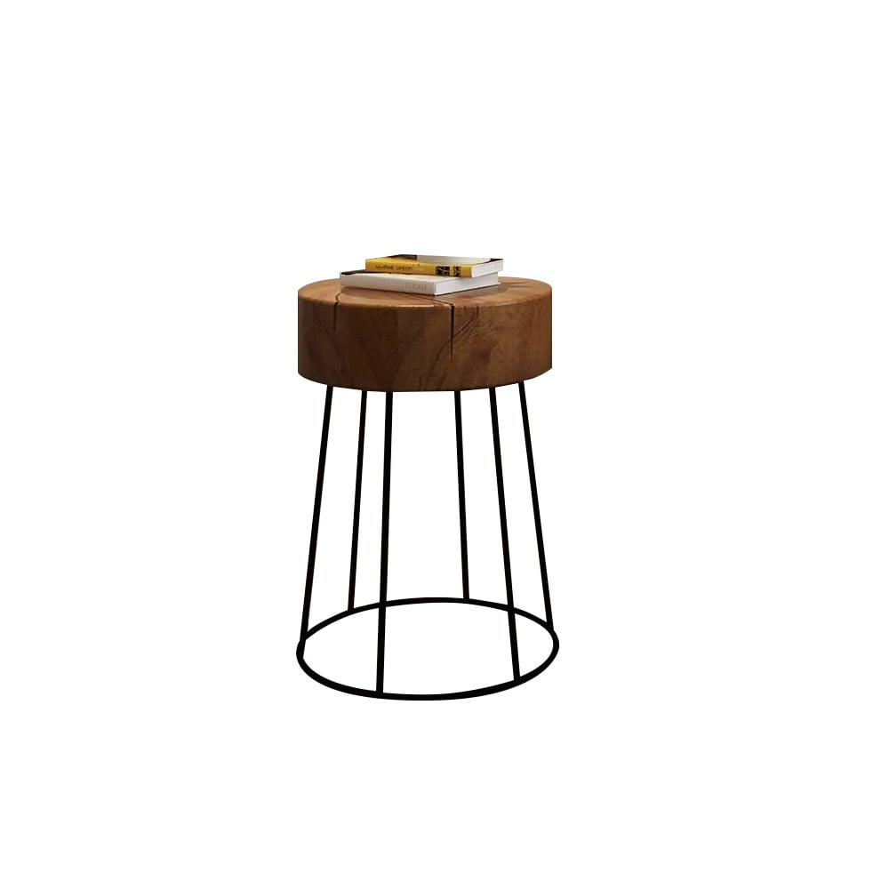 Modern Round End Table Metal Side Table with Wooden Top Walnut window image