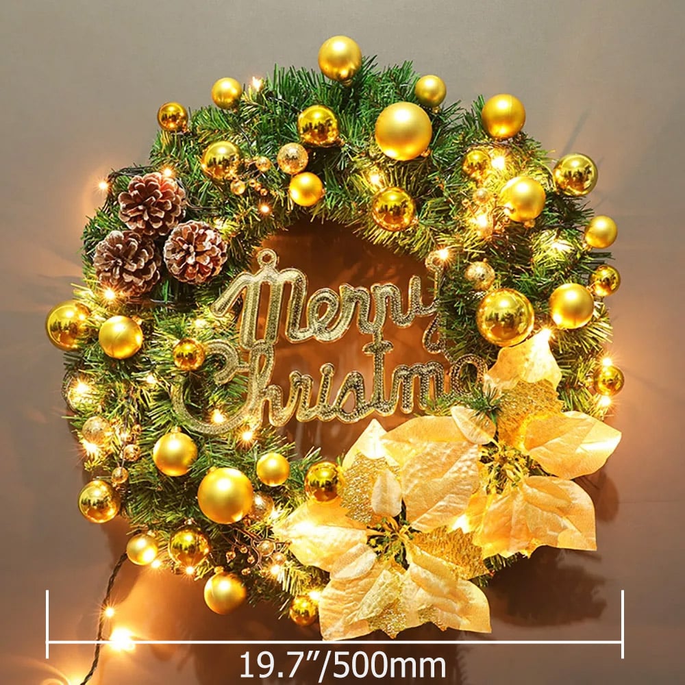 19.7" Red&Gold LED Christmas Wreath With Ball Ornaments and Pinecones C window image
