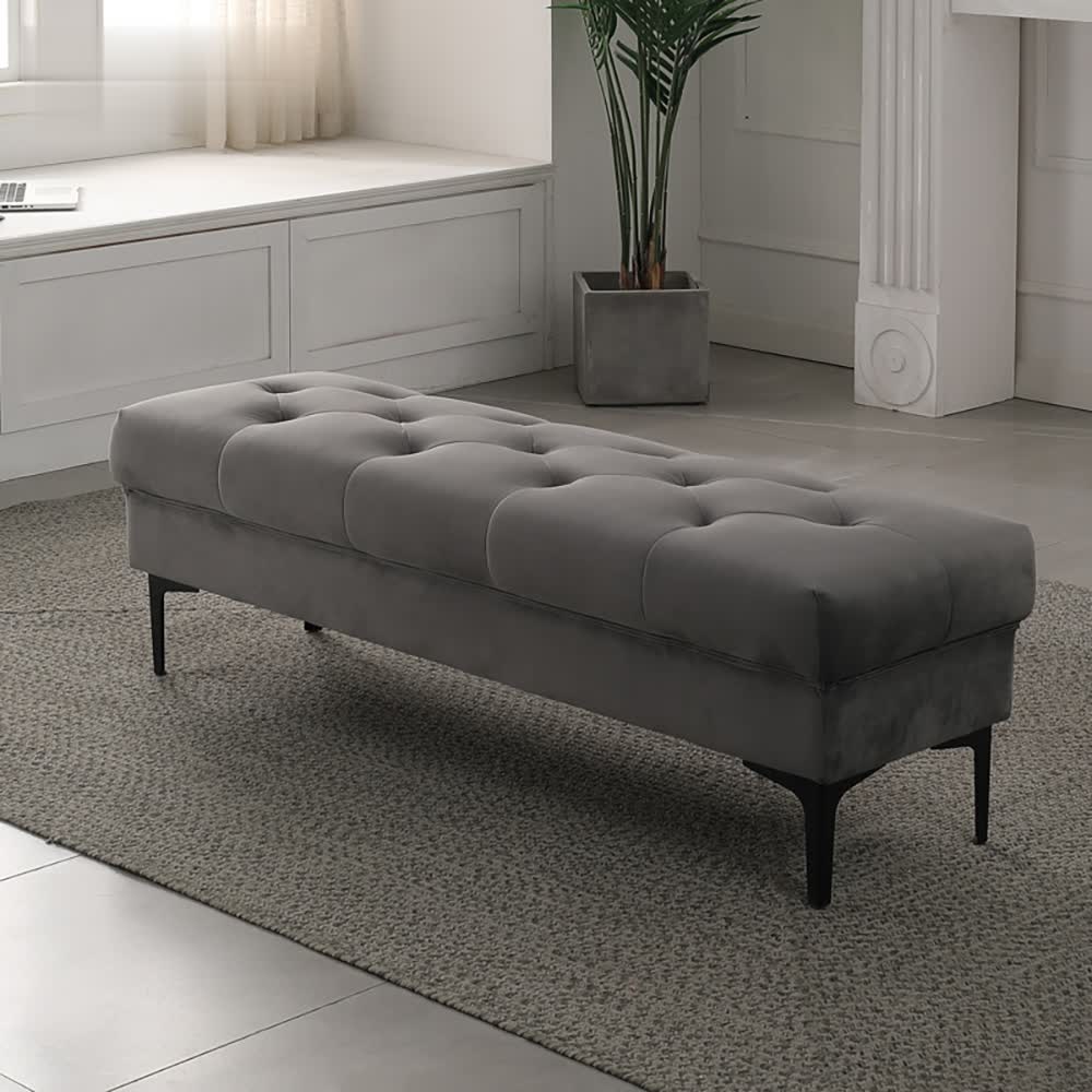 Deep Gray Velvet Upholstered Bench Tufted Entryway Bench Metal Leg Gold window image