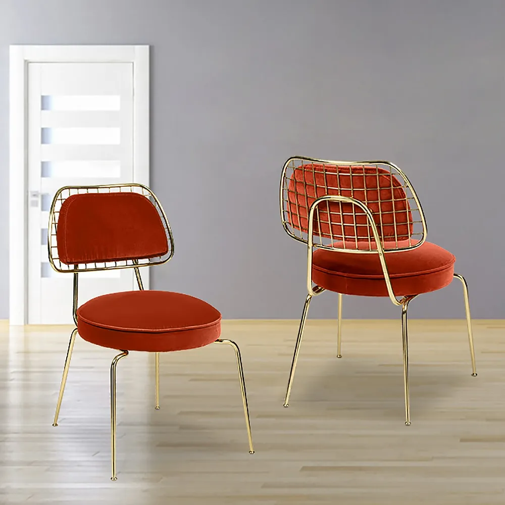 Orange Modern Gold Dining Chair Velvet Upholstered Dining Chair in Gold Finish Legs window image