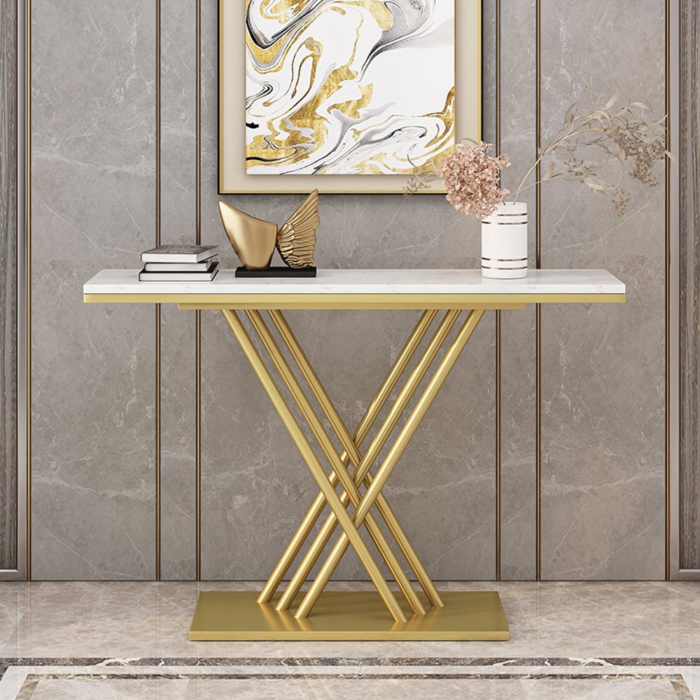 800mm Narrow Rectangular Console Table with Marble Top in White window image