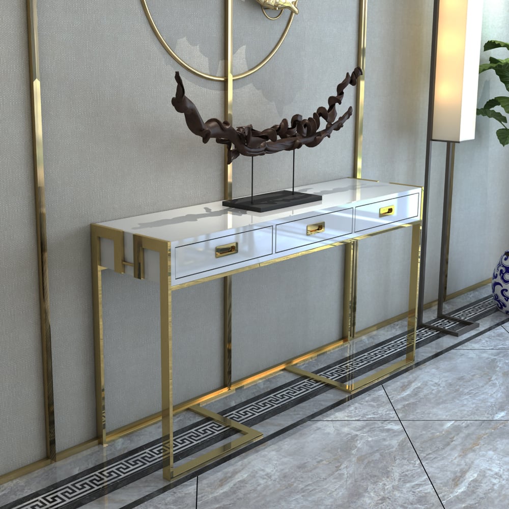 White Narrow Console Table with Drawers Rectangular Entryway Table window image