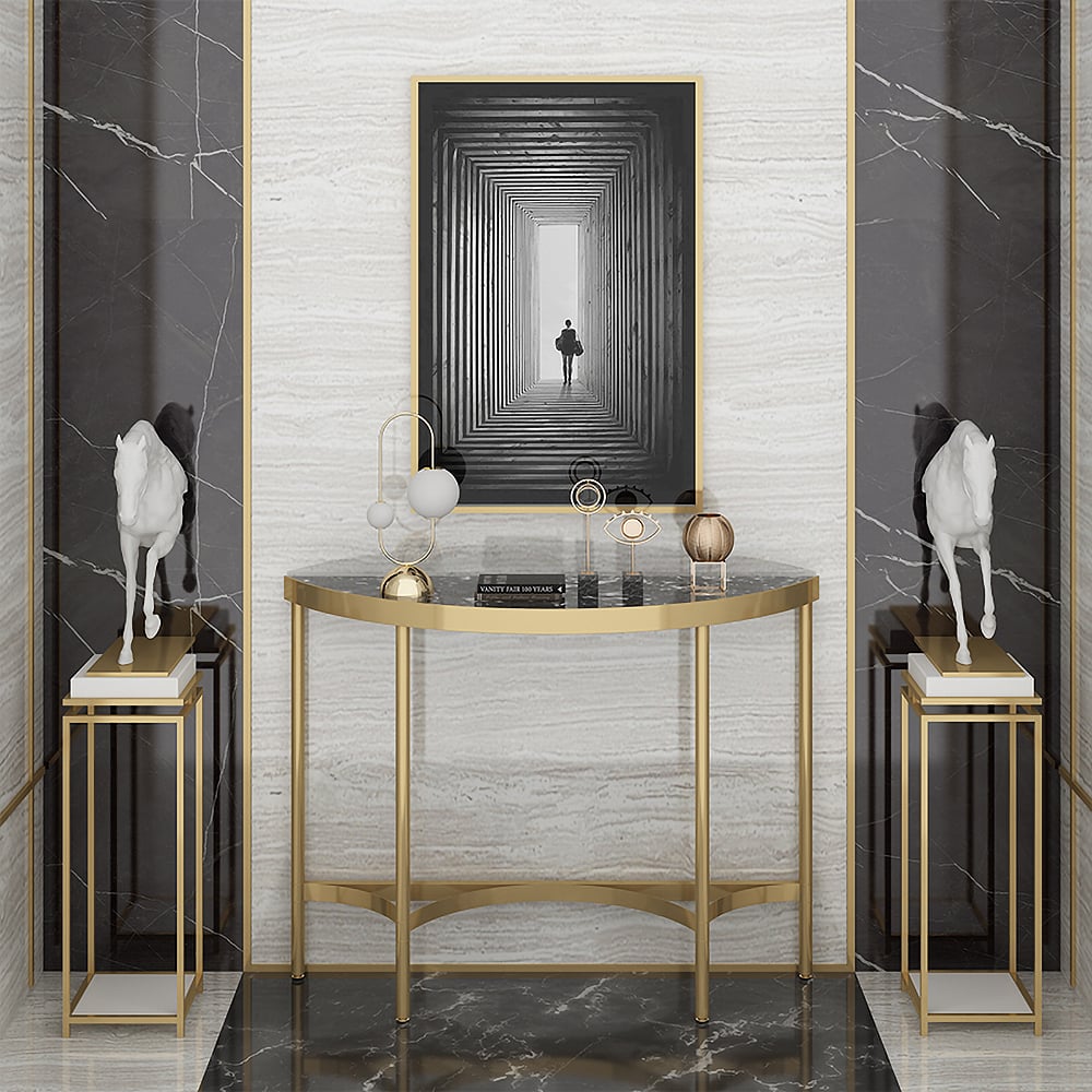 Modern Black Semicircle Console Table with Marble Top Metal Base window image