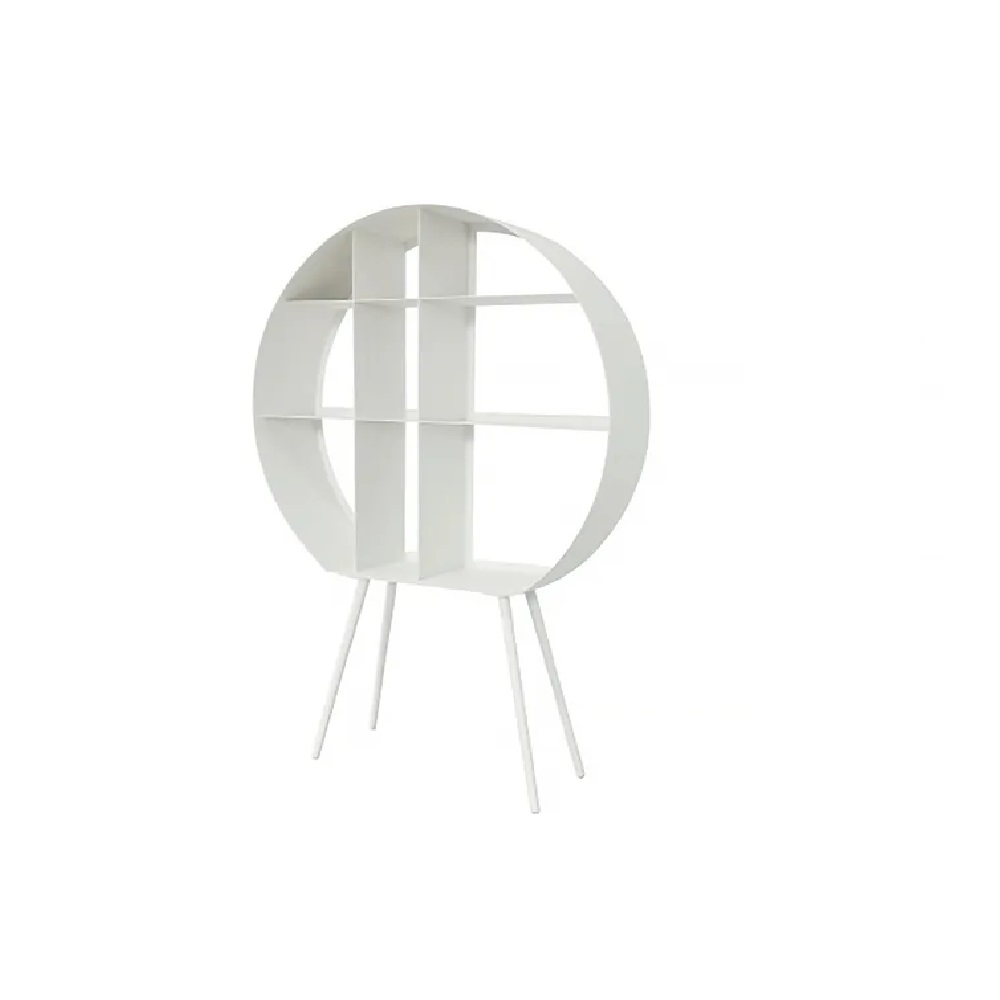 White Standing Bookcase Round Display Storage Shelf Metal Tapered Leg 31.5"W x 8.4"D x 45.7"H window image
