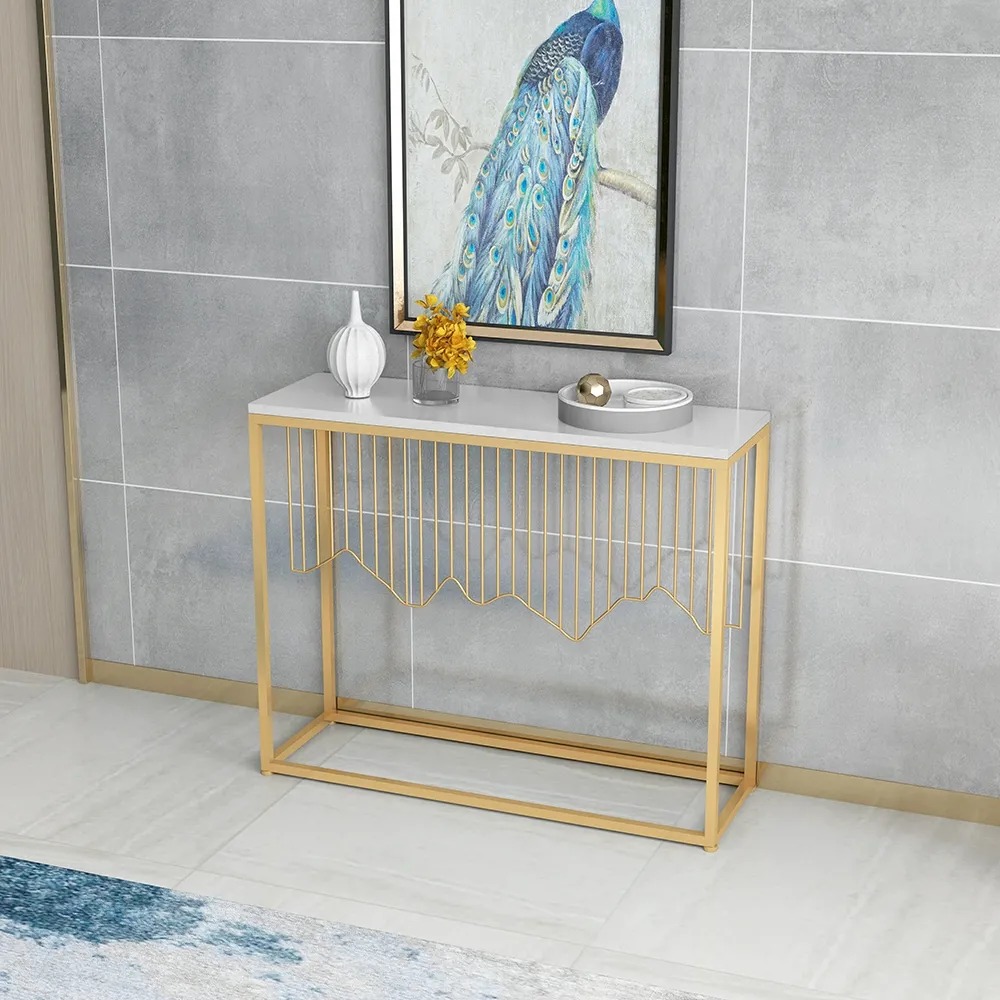 White Rectangular Console Table with Wooden Top Entryway Table window image