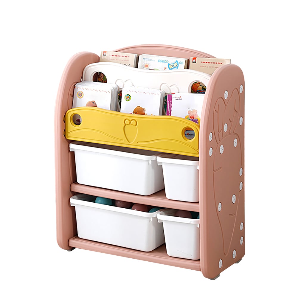 Pink Cute Carrot Multipurpose Kids' Standing Bookcase with Toy Organiser Basket window image
