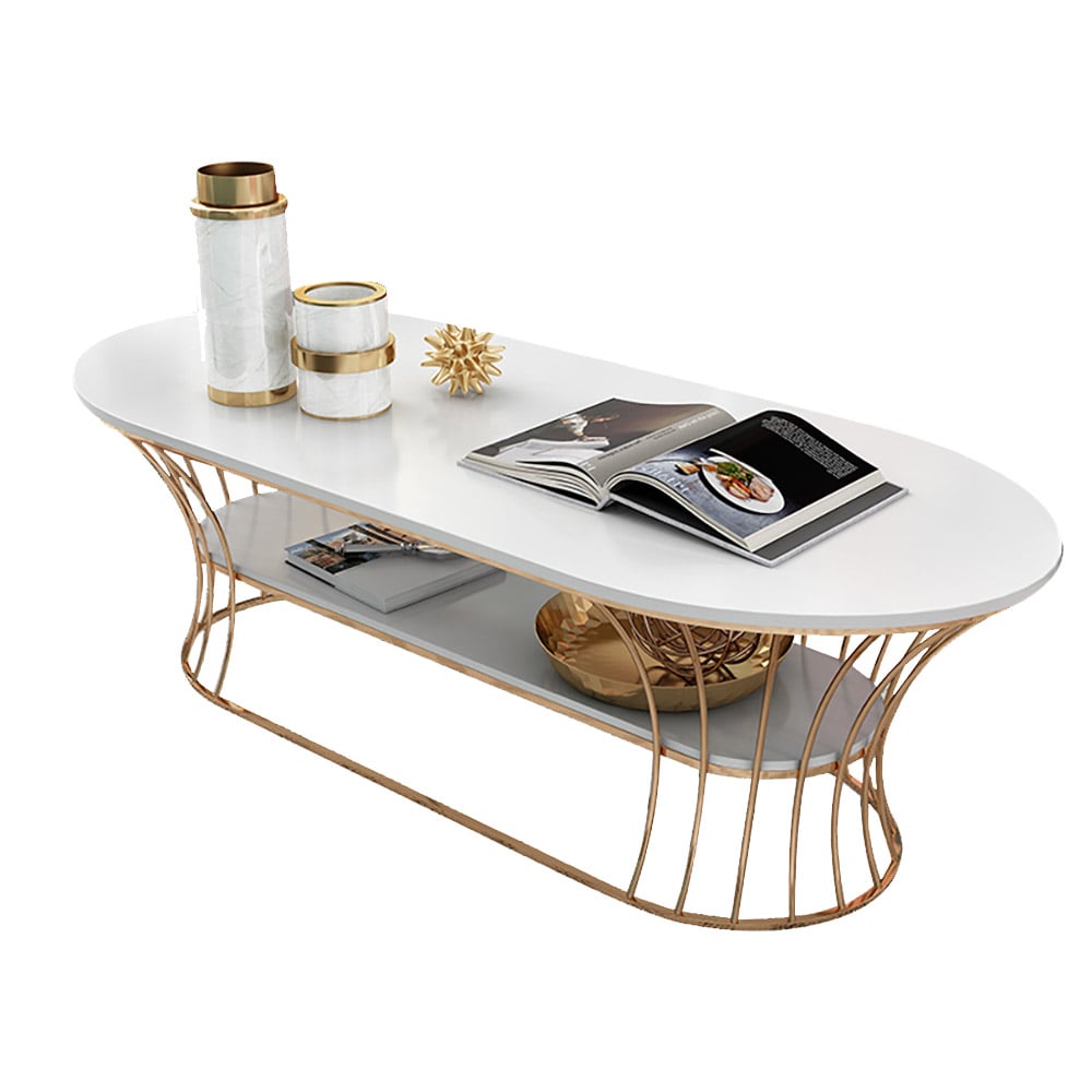 Modern Marble Coffee Table with Shelf Metal Frame White window image