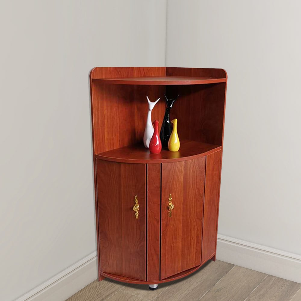 Walnut Display Cabinet 2-Door & 3-Shelf Wood Storage Cabinet Gold Finish window image