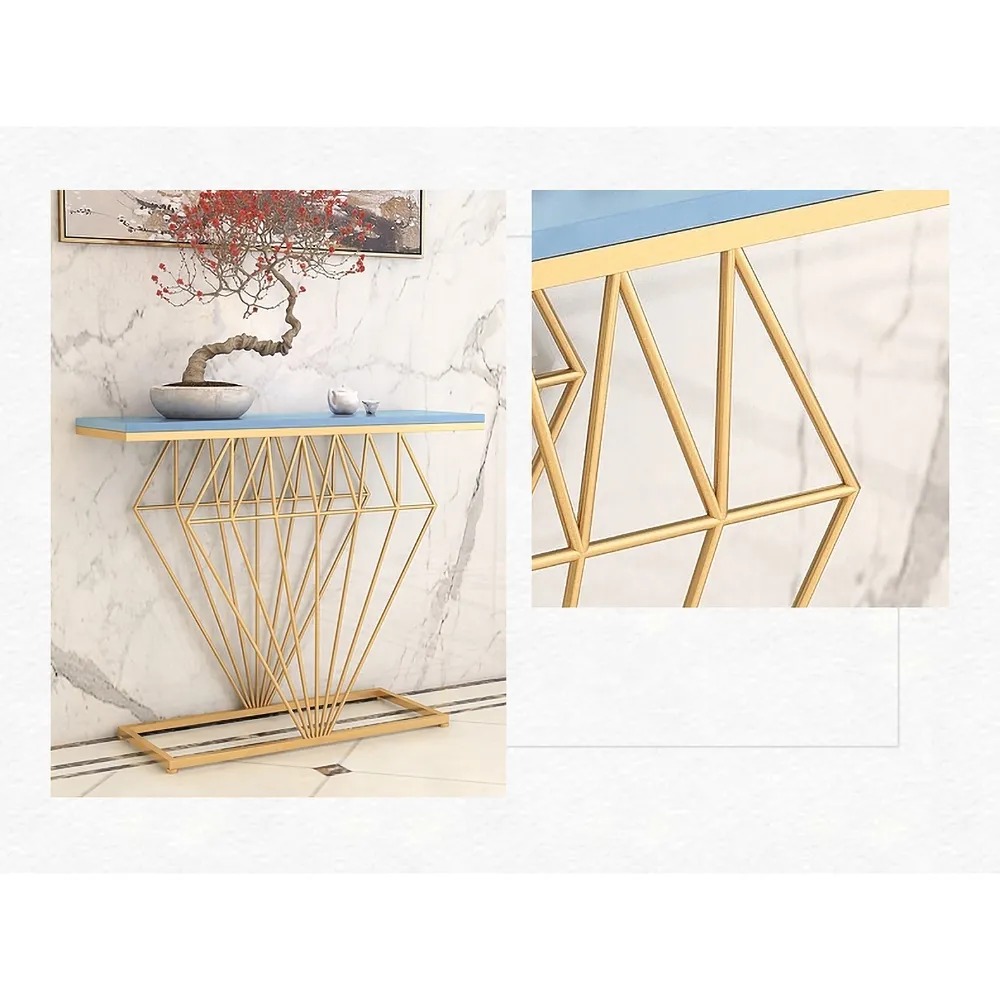 Blue Narrow Console Table Rectangular Entryway Table with Gold Base window image