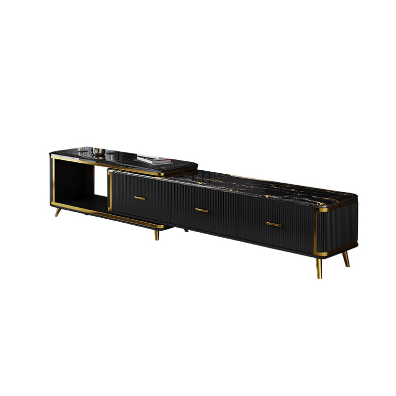 Modern Black TV Stand Faux Marble Top Luxury Extendable Media Console with 3 Drawers window image