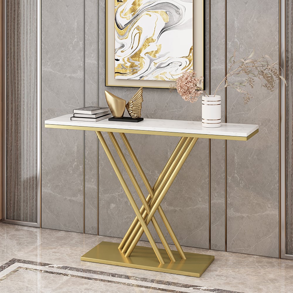 800mm Narrow Rectangular Console Table with Marble Top in White window image