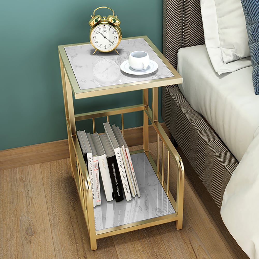 Modern Marble End Table with Storage in White Narrow Side Table window image