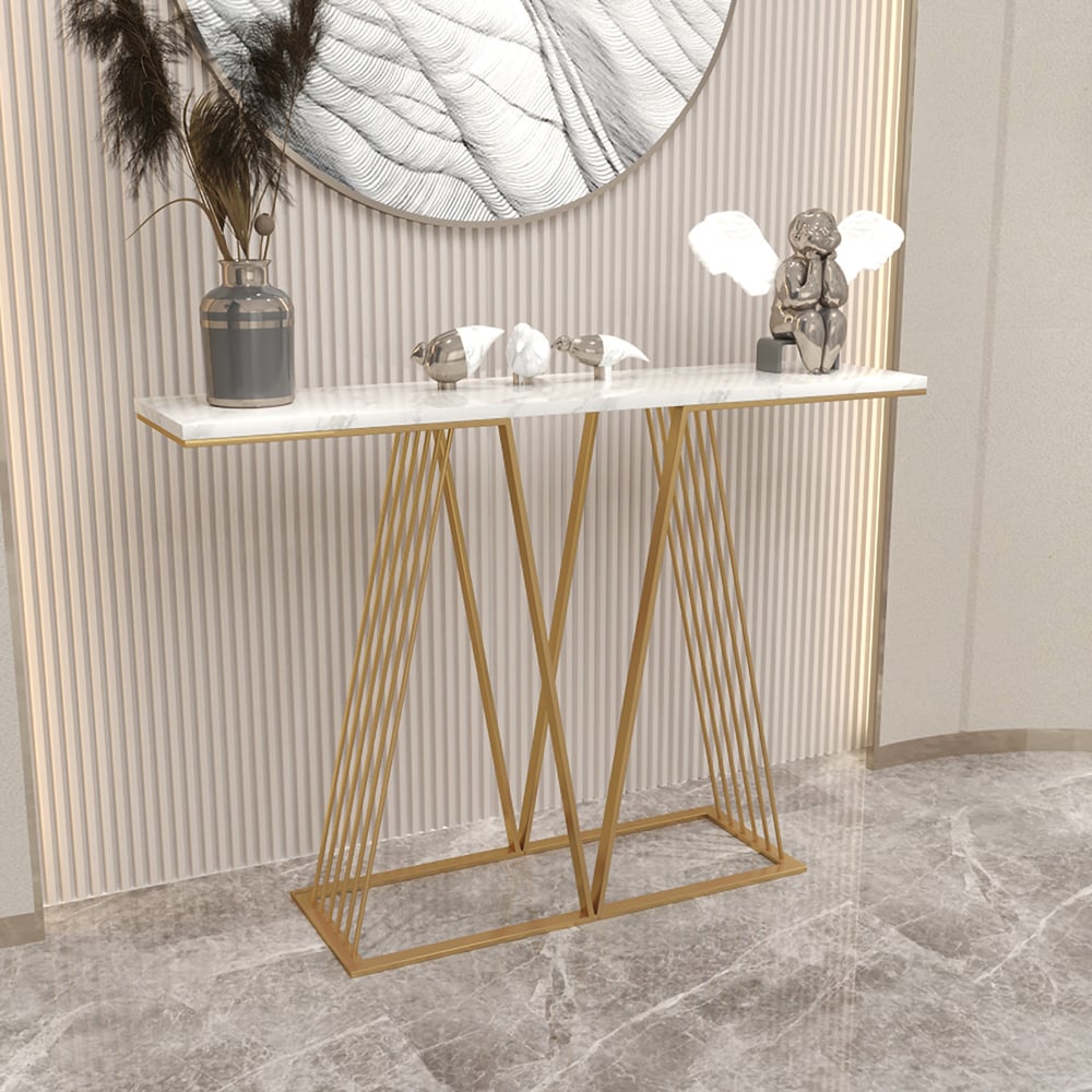 Modern White Narrow Console Table with Marble Top window image
