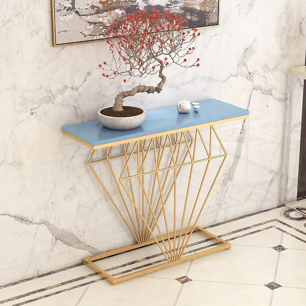 Blue Narrow Console Table Rectangular Entryway Table with Gold Base window image