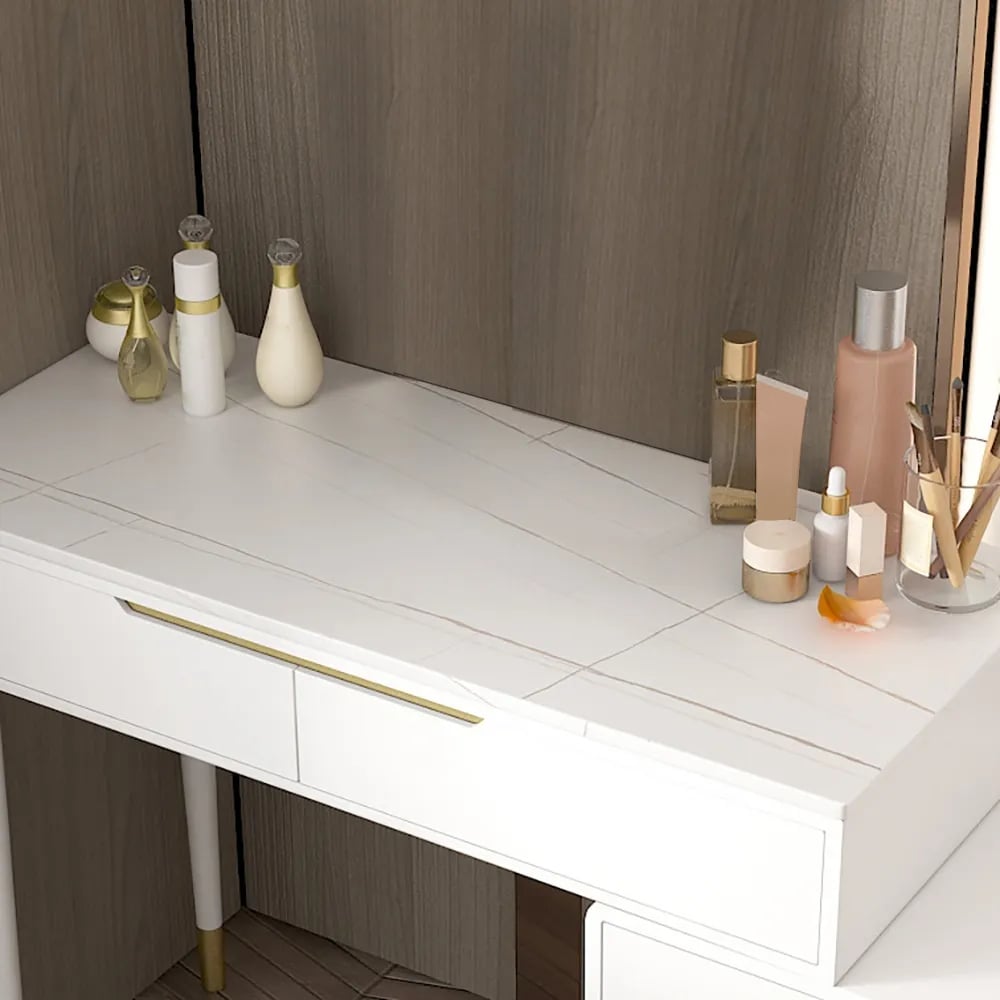 Modern White Makeup Vanity Retracted Sintered Stone Top with 5 Drawers in Large window image